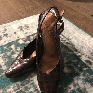 Brown snake skin look patent leather sling back